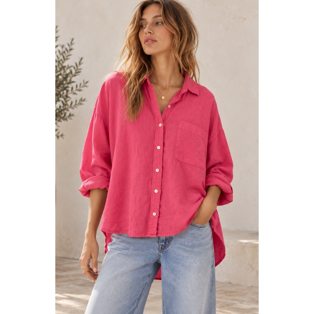 Faherty 100% Linen Top Shirt Women Sz L Hot Pink Oversized Coastal Lagenlook